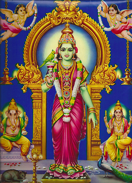 Das moderne Andachtsbild zeigt die Göttin mit ihren Söhnen Ganesha links und Karttikeya rechts, beide mit ihren Reittieren (vahana) Ratte (mushika) und Pfau (mayura) Das moderne Andachtsbild zeigt die Göttin mit ihren Söhnen Ganesha links und Karttikeya rechts, beide mit ihren Reittieren (vahana) Ratte (mushika) und Pfau (mayura)